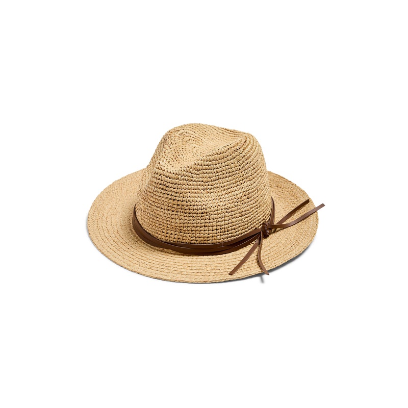 Raffia Trim Crochet Fedora - Natural
