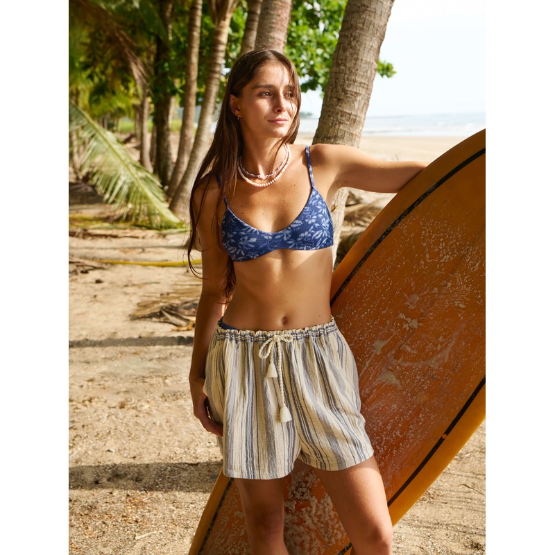 Dune Cotton Gauze Drawstring Short - Aqua Sea Stripe