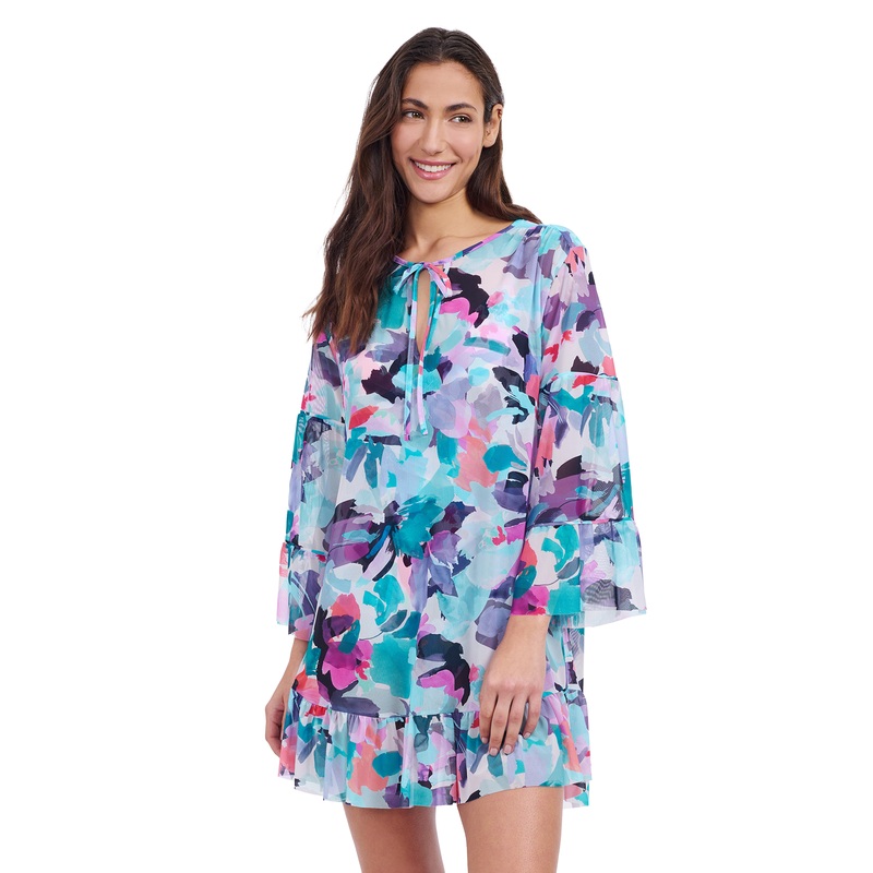 Profile By Gottex Holi V-Neck Mesh Flounce Tunic Cover Up