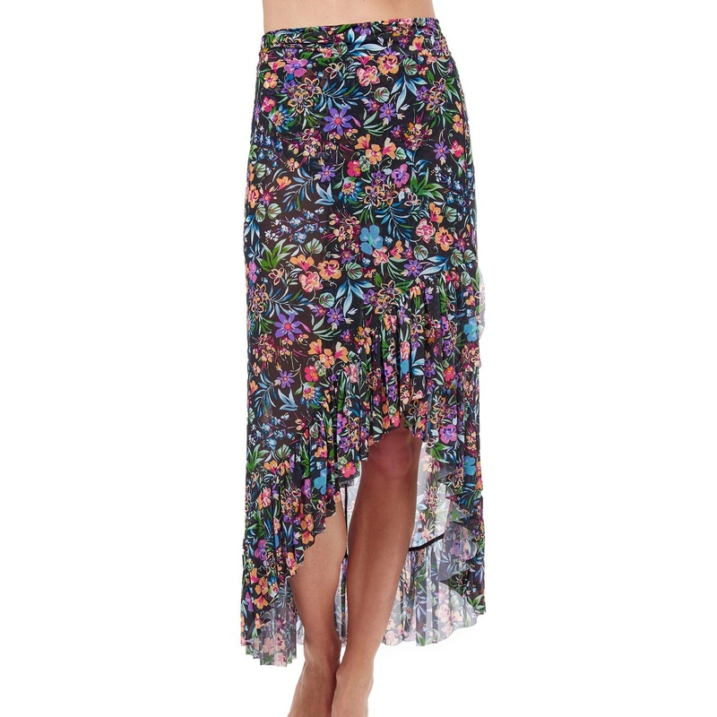 Profile By Gottex Flora Ruffled High Low Mesh Cover Up Wrap Skirt