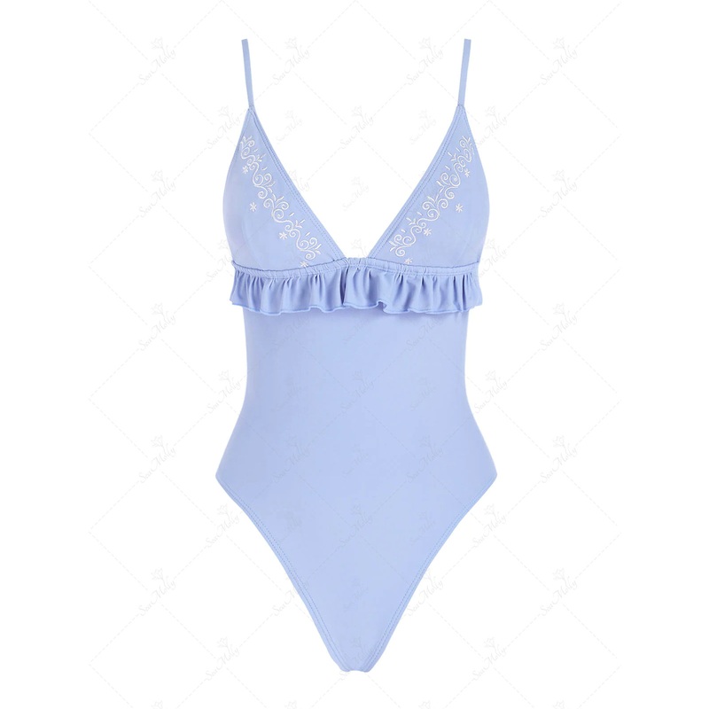 Embroidered Spaghetti Strap Ruffle Empire Waisted Tied One-piece Swimsuit