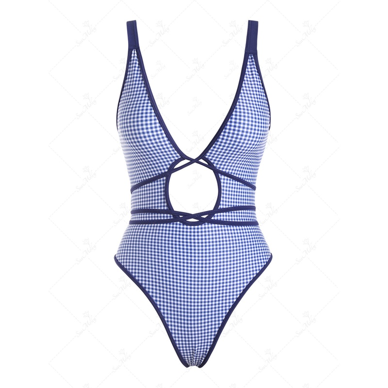 Vintage Gingham Tie Around Criss Cross Backless Plunging Neck One-piece Swimsuit