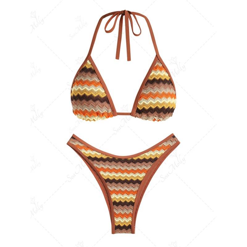 Zig Zag Jacquard Textured Halter Tied Triangle Bikini Set