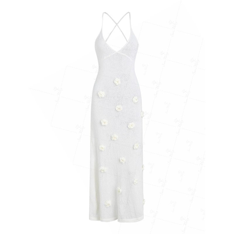 3D Floral Crisscross Tied Backless Beach Cover Up Knit Maxi Dress
