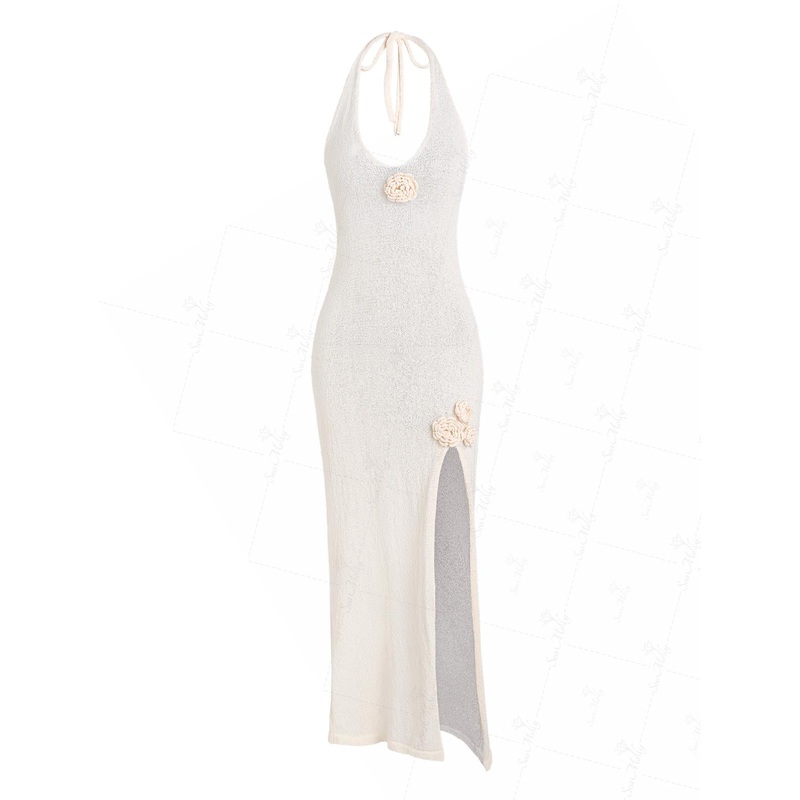 3D Flower Backless Halter Tied Thigh Split Beach Cover Up Knit Maxi Dress