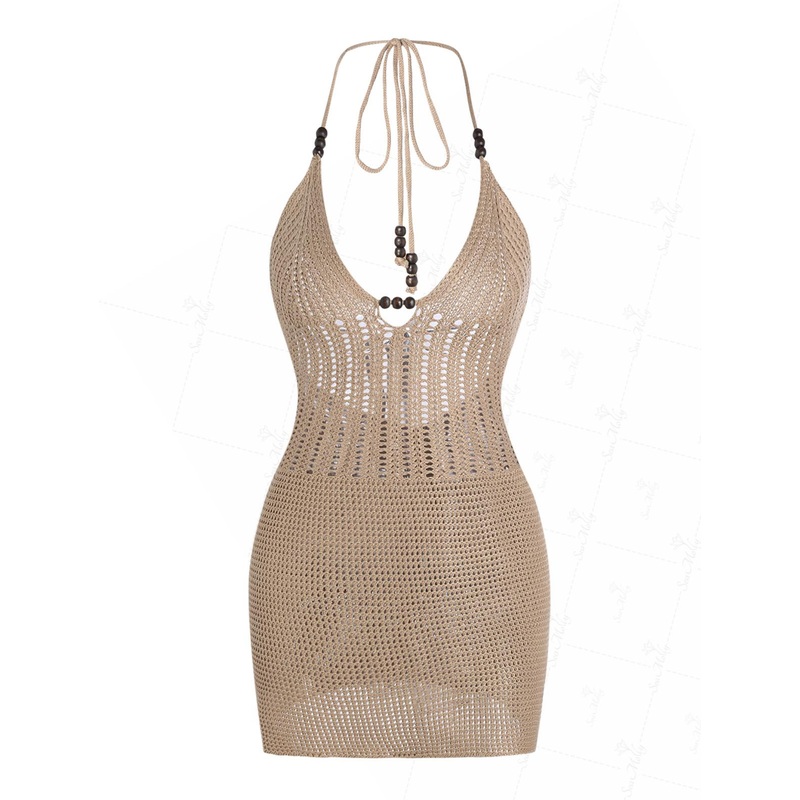 Crochet Openwork Beading Halter Open Back Beach Cover Up Dress