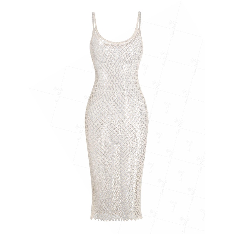 Crochet Openwork Sheer See Through Beach Cover Up Midi Dress