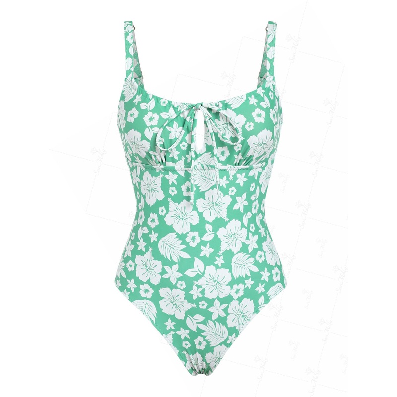 Floral Print Drawstring Tied One-piece Swimsuit