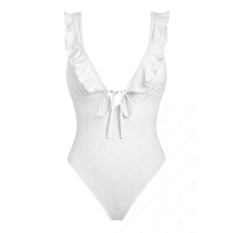 Solid Color Eyelet Jacquard Ruffles Trim Tied Back One-piece Swimsuit
