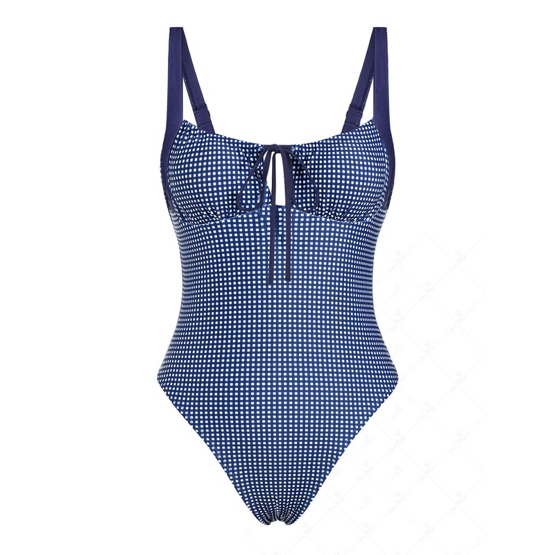 Vintage Contrast Color Gingham Drawstring Tied Front One-piece Swimsuit