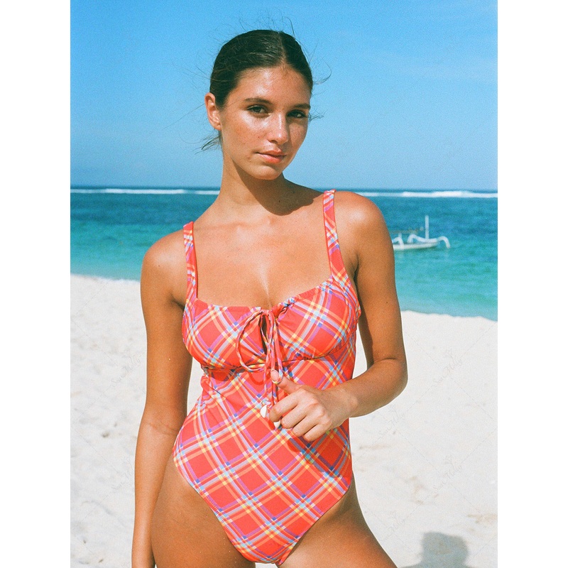 Red Gingham Tied Front Shell Decor One-piece Swimsuit