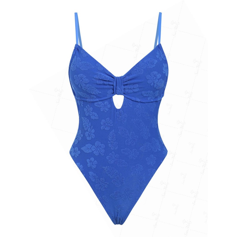 Terry Cloth Floral Jacquard Ruched Knotted Tied Back One-piece Swimsuit
