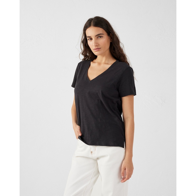 T-shirt col V femme en coton Noir Sonia