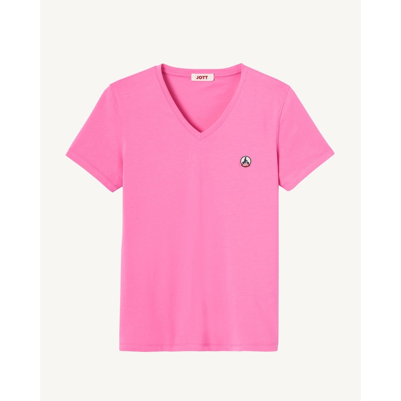 Plain V-neck organic cotton T-shirt Intense pink Cancun