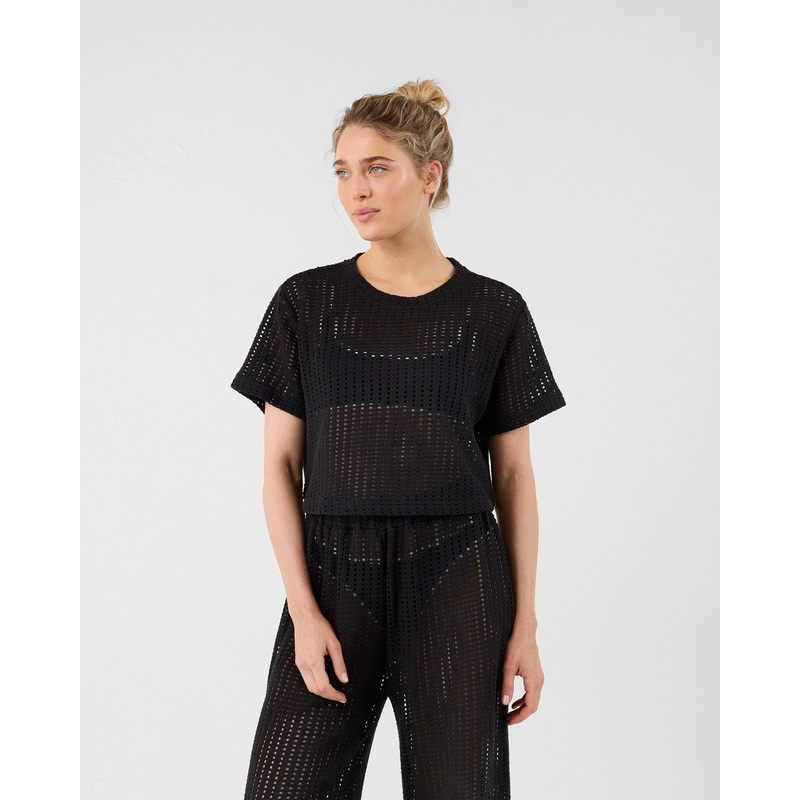 T-shirt col rond en maille de coton Noir Giada