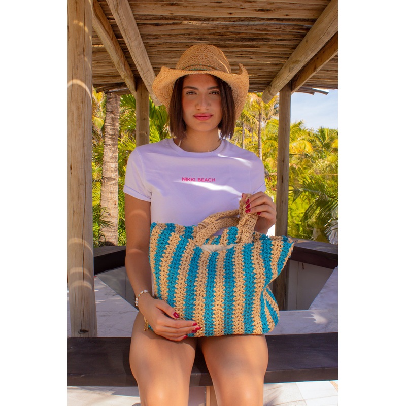Blue Natural Striped Straw Beach Bag
