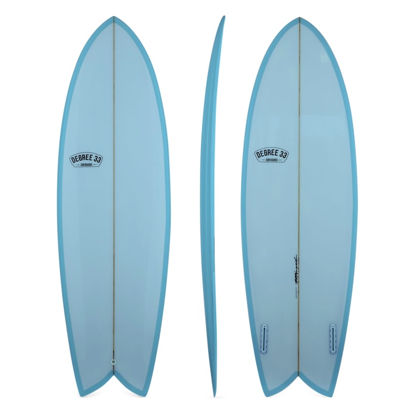 5'8" Retro Fish Twin Fin Surfboard Blue Resin Tint (Poly)