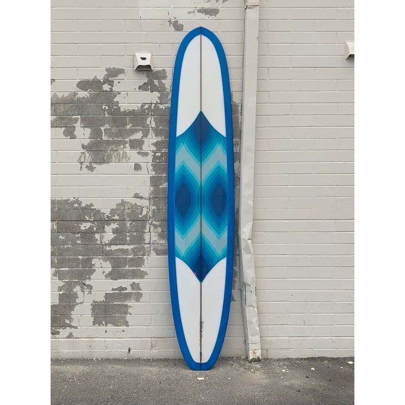 Woodin Surfboards | Grateful Sled 96 Blue Resin Time With Psychedelic Fabric Inlay Longboard