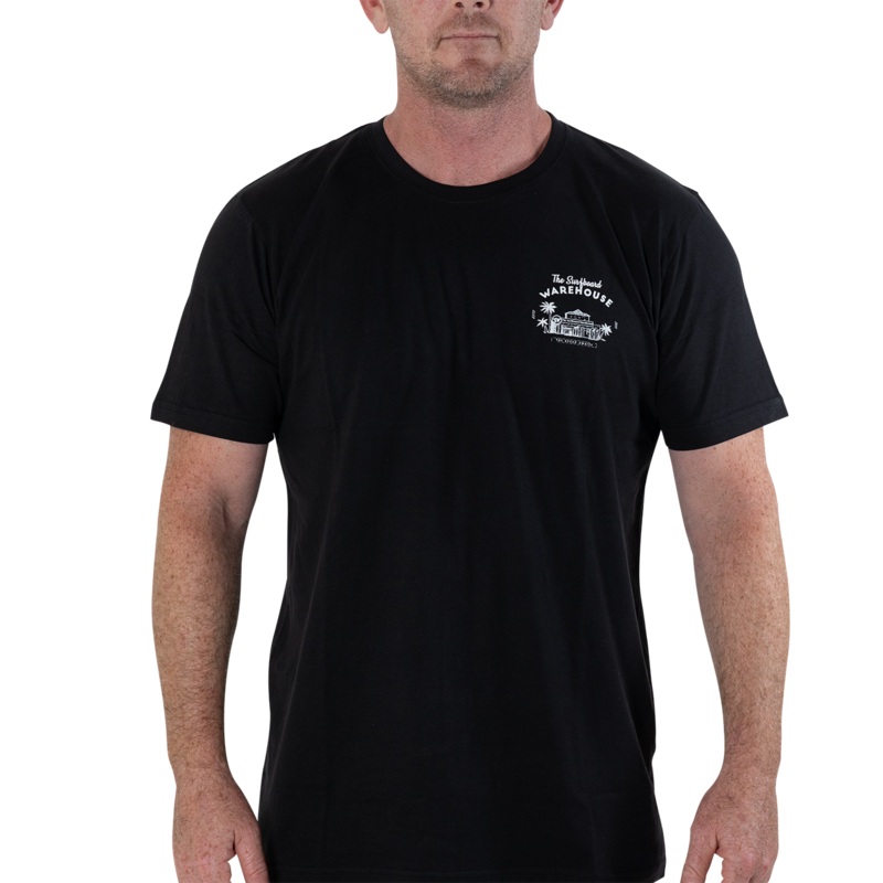 RETRO SURFBOARD WAREHOUSE T-SHIRT - BLACK