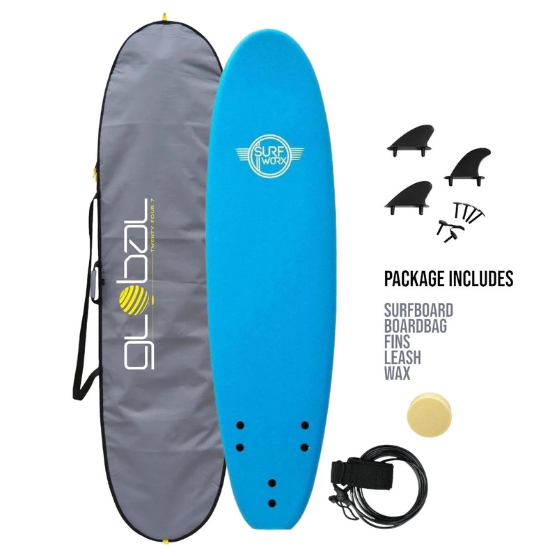 Surfworx Base Mini Mal Foam Surfboard 7ft 6 Azure Blue Package 7'6