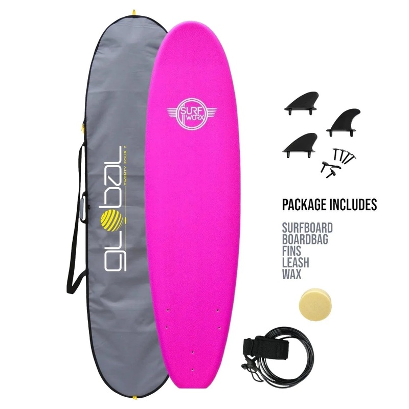 Surfworx Base Mini Mal soft surfboard 7ft 0 Pink Package